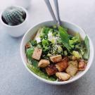 bowl of cooked tofu, greens, and rice